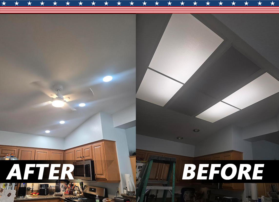 Removed old lighting then installed new LED's and ceiling fan